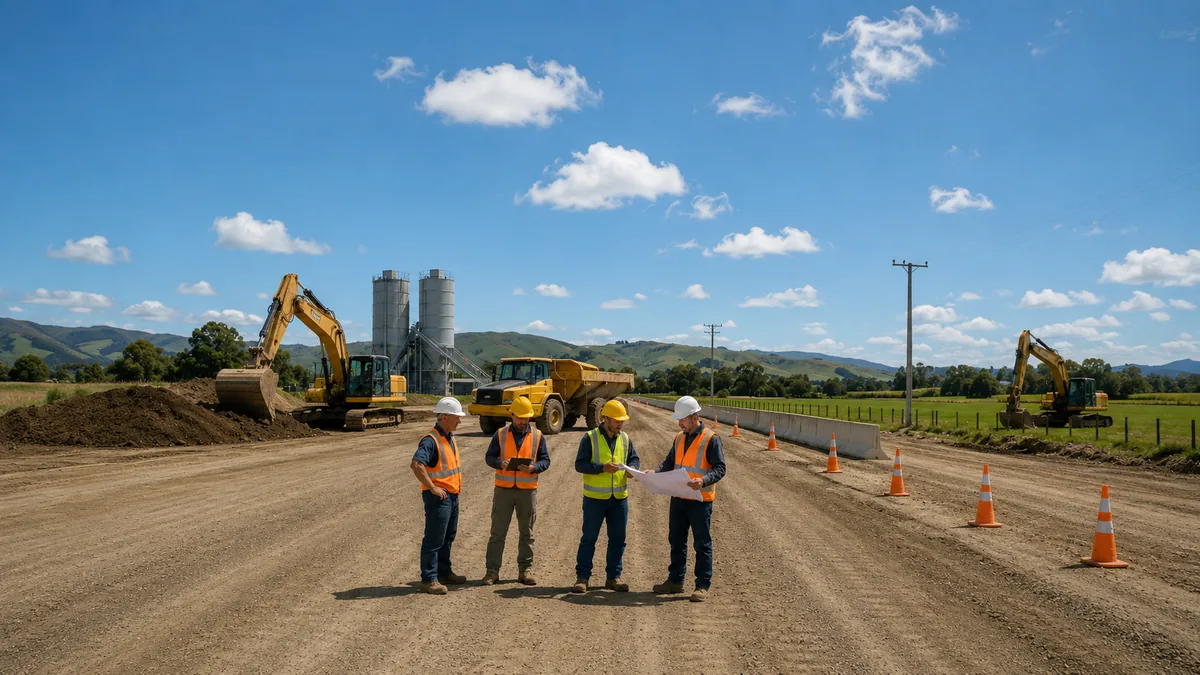 Civil road works crew spreading cement on a road base