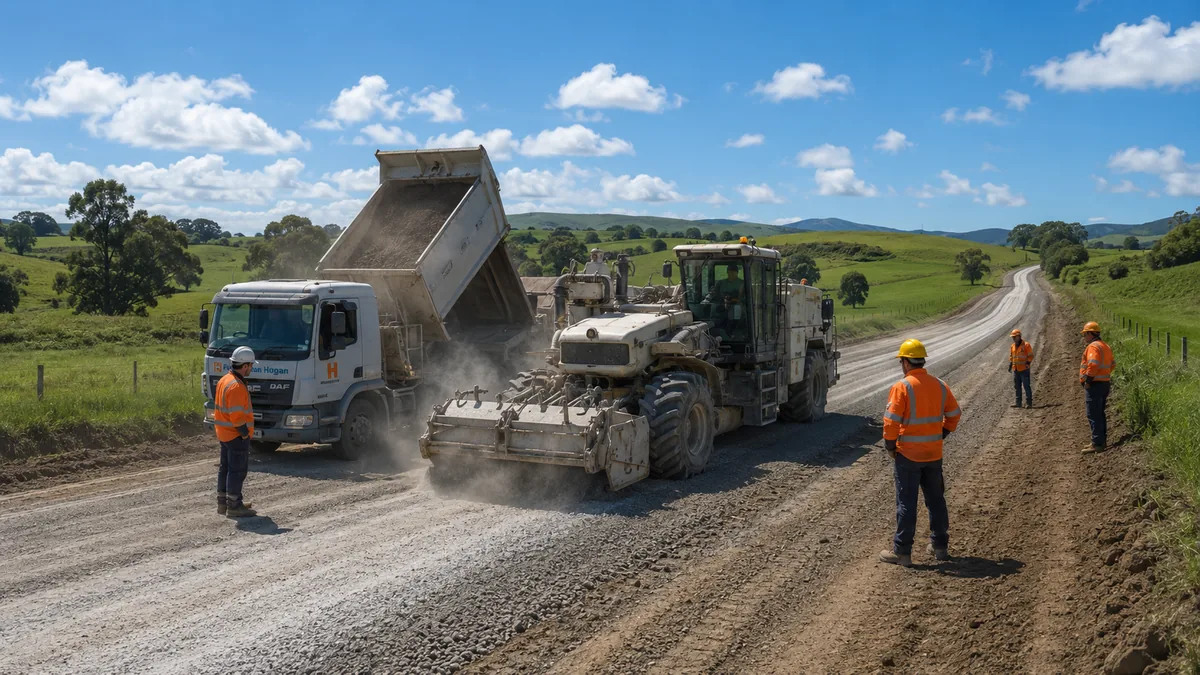 Stabilisation crew on a road project in front of New Zealand hills