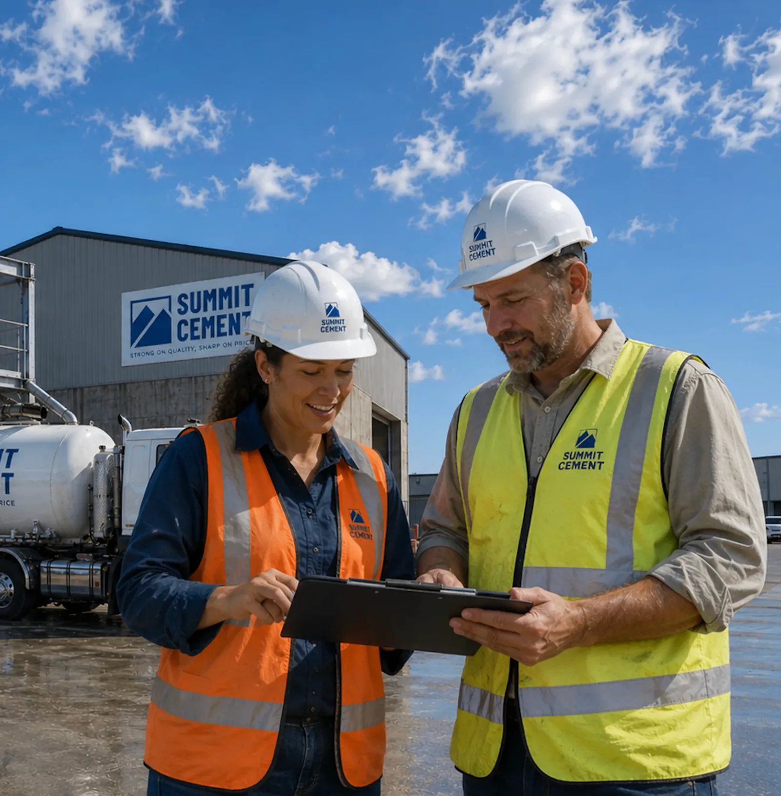 Summit Cement team members reviewing a delivery schedule on site