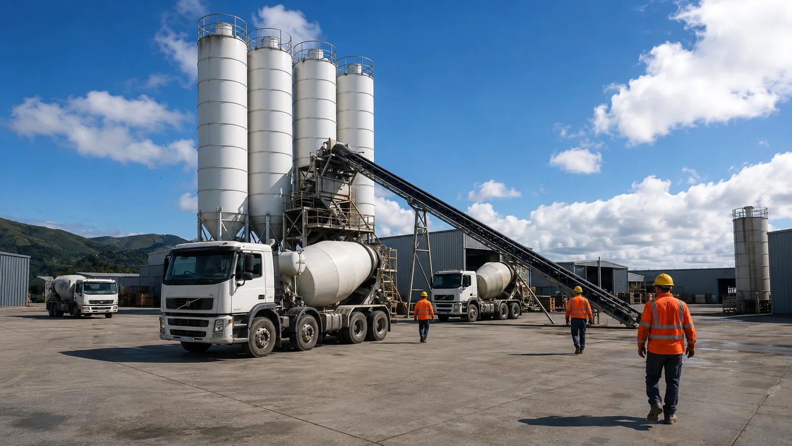 Ready-mix concrete trucks being loaded at a batching plant