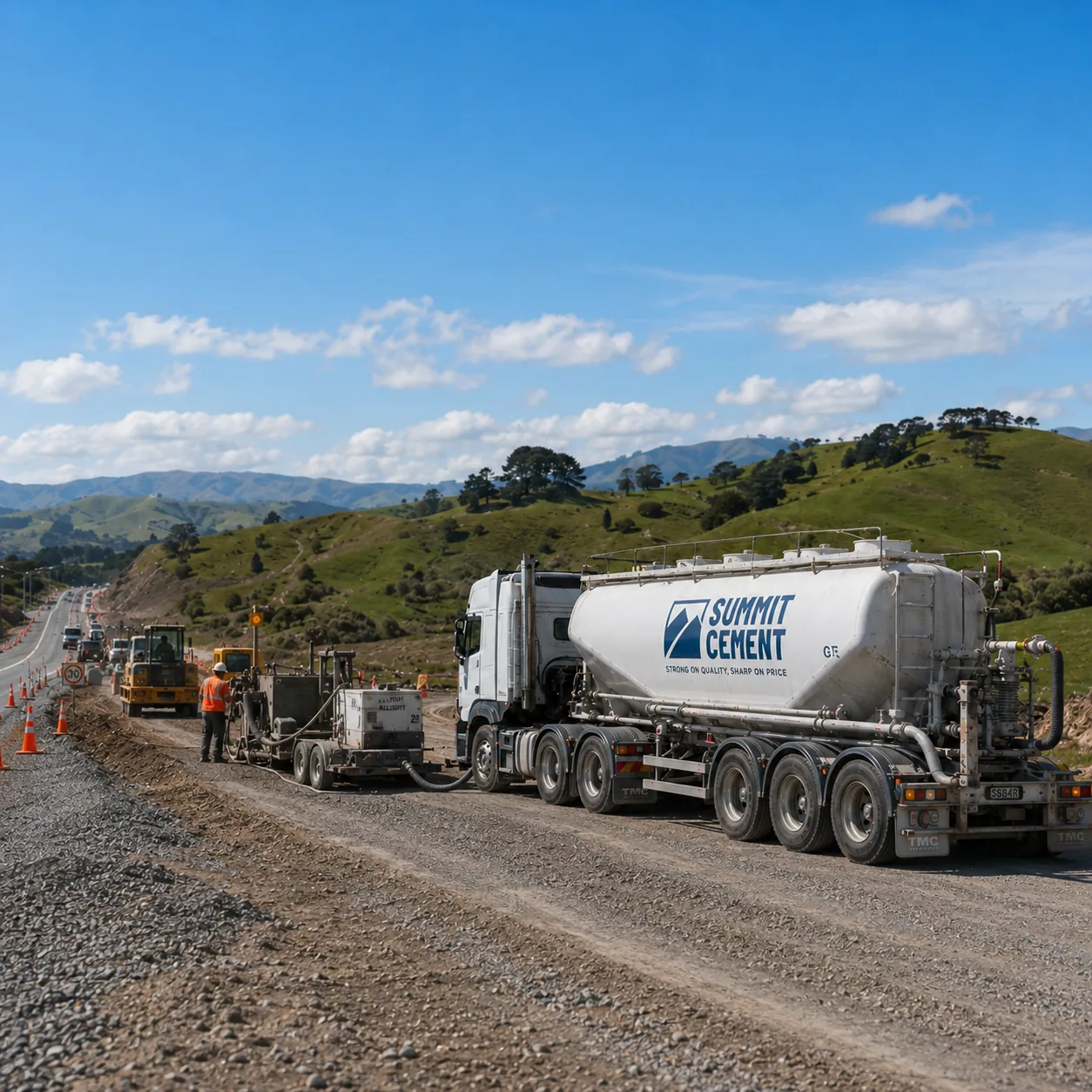 New Zealand rural road being built with a Summit Cement tanker truck